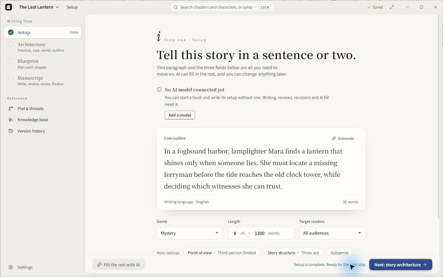 The Last Lantern story setup with English writing language, Saved status and Setup Done